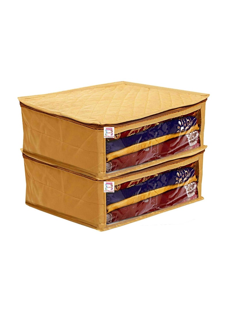 atorakushon® Fabric Saree Cover Garments Cover Bag Clothes Storage Wardrobe Organiser Set of 2 (Gold) - Image 1