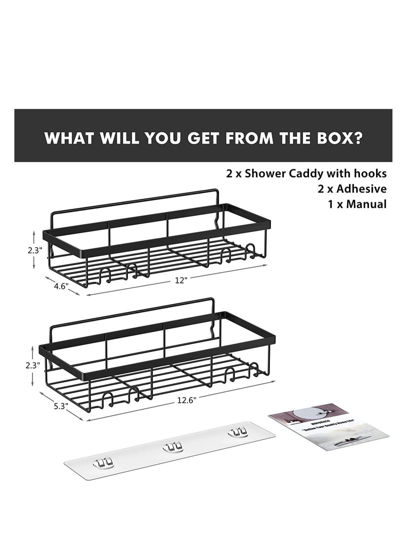 MIXDE رف منظم لرف الدش (عبوة من قطعتين)، أرفف سلة لإكسسوارات الحمام باللون الأسود مع خطافات، ملحقات تخزين دش مثبتة على الحائط بدون حفر، فولاذ مقاوم للصدأ - Image 3