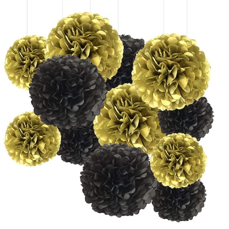 YESON Black and Gold Tissue Paper Pom Poms Hanging Tissue Flowers Poms Decorations Pack of 12 for Wedding BirthdayParty Backdrop Decor ect 12 10Tissue Paper Flowers