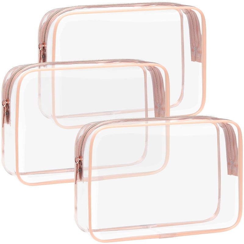 F-color TSA Approved Toiletry Bag - 3 Pack Clear Toiletry Bags Clear Makeup Cosmetic Bags for Women Men, Quart Size Travel Bag, Carry on Airport Airline Compliant Bag, Rose Gold(for age 12 or above) - Image 1
