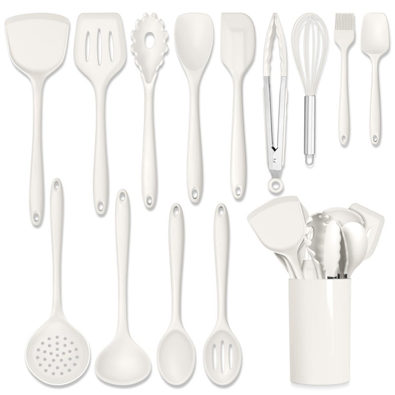HaWare Kitchen Utensils 14 PCS Silicone Cooking Utensils Set Heat Resistant Kitchen Utensils for Nonstick Cookware Kitchen Gadgets Tools with Spoons Spatulas Whisk Dishwasher Safe White