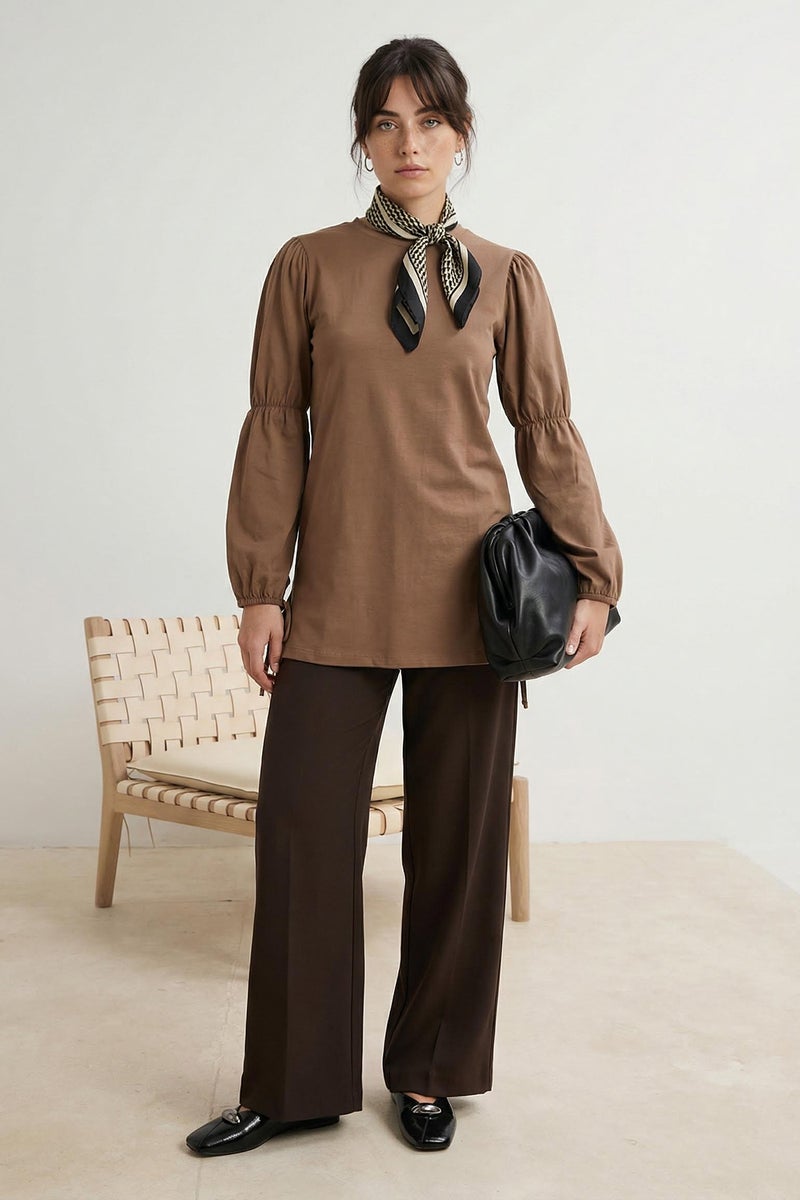 trendyol Beige Regular Single Jersey Plain Knitted with Elastic Detail on the Sleeve Tctss26Uk00001 - Image 1