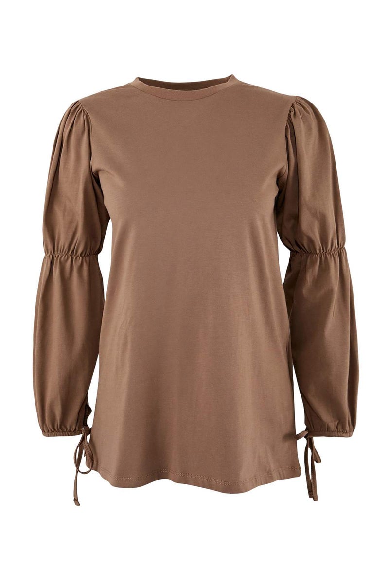 trendyol Beige Regular Single Jersey Plain Knitted with Elastic Detail on the Sleeve Tctss26Uk00001 - Image 3