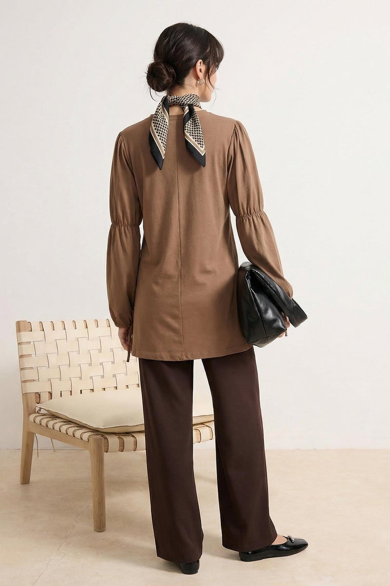 trendyol Beige Regular Single Jersey Plain Knitted with Elastic Detail on the Sleeve Tctss26Uk00001 - Image 2