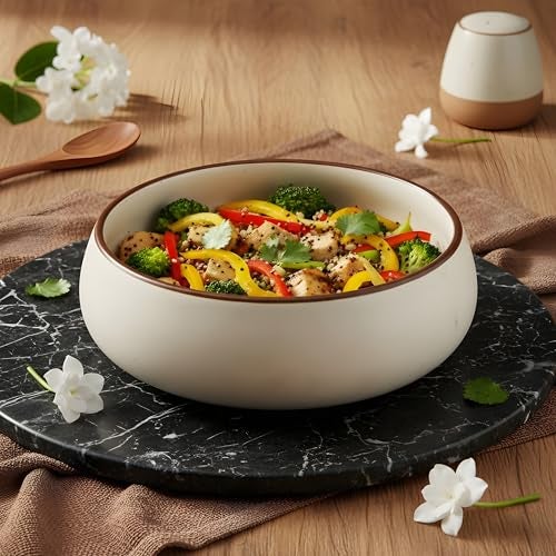miah decor Ceramic Serving Bowl | Speckled Ivory Rustic Stoneware Style Bowl for Rice, Curry, Gravy & Salad | Deep Multipurpose Serving Dish for Parties & Family Meals (Style 6) - Image 1