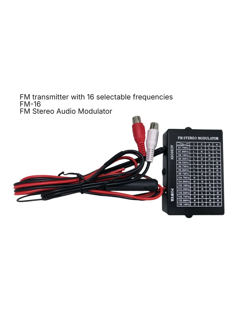 ROYAL - FM Transmitter with 16 Selectable Channel Frequencies PLL FM-16 Stereo 12~14V External Antenna Modulator CVBS Audio Input to Radio Speaker (FM-16BD) (Black) - Image 1