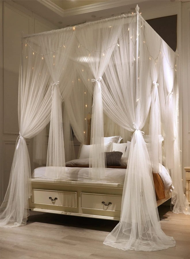 VETHIN 4 Corners Post Princess Bed Canopy Curtain Double Layer Cozy Drape Netting 4 Opening Mosquito Net for Girls & Adults Bedroom Decoration Accessories (Double White, 53" W*78" L*82"*H/(Full)) - Image 4