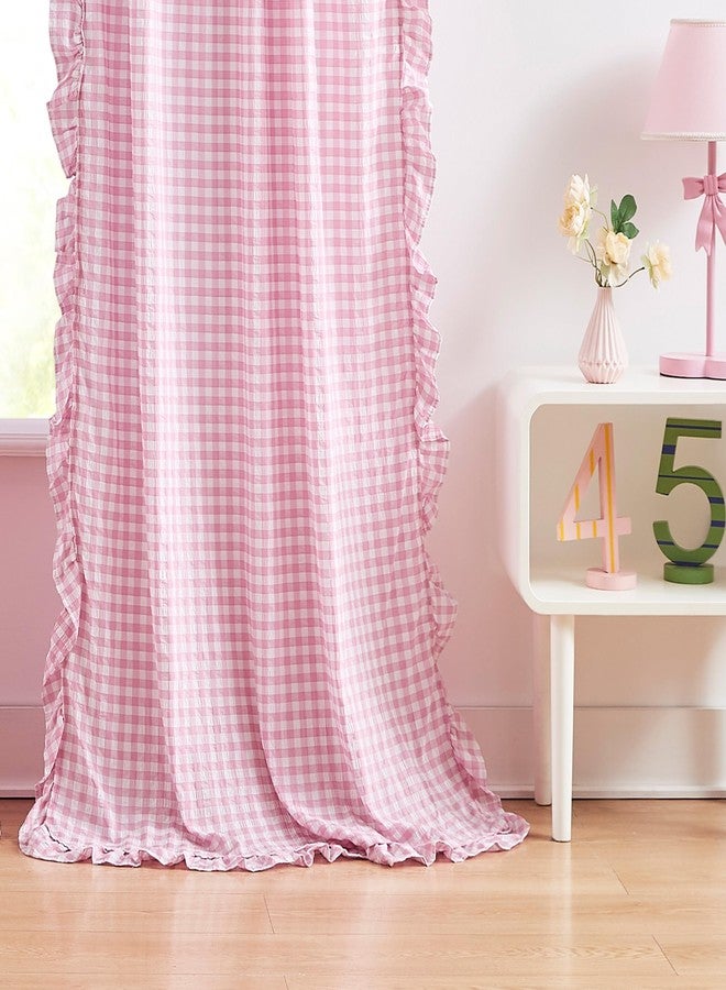 ZJDECOR Light Pink Buffalo Plaid Ruffle Curtains 84 Inches Long for Girls Room,Crinkled Not-See-Through Sheer Drapes,Shabby Chic Window Treatment for Bedroom Living Room,Rod Pocket,40"Wx84"L,Pack of 2 - Image 3