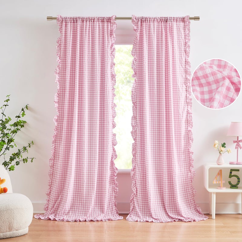 ZJDECOR Light Pink Buffalo Plaid Ruffle Curtains 84 Inches Long for Girls Room,Crinkled Not-See-Through Sheer Drapes,Shabby Chic Window Treatment for Bedroom Living Room,Rod Pocket,40"Wx84"L,Pack of 2 - Image 1