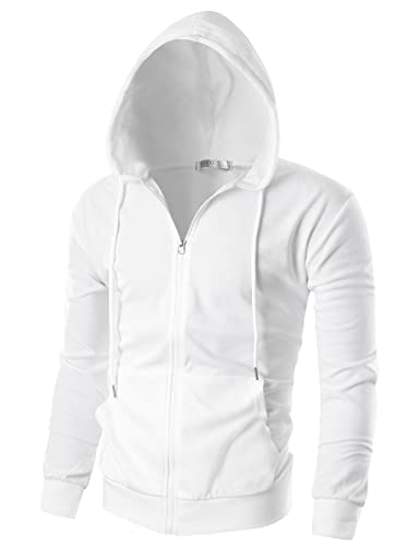 Ohoo Men's Zip Up Hoodie Lightweight Slim Fit Sweatshirt Full Zip Hooded Jacket / DCF002-WHITE-M - Image 1