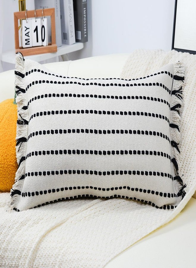 DRNOU Decorative Farmhouse Fringed Long Lumbar Throw Pillow Cover 12 x 24,Clasic Striped Textured Cotton Boho Decor Long Lumbar Pillow Cover Pillow Case for Sofa Couch Bed,Black and Off White - Image 2
