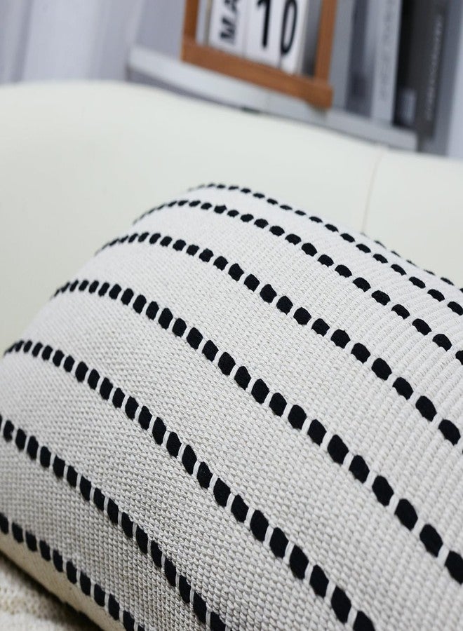 DRNOU Decorative Farmhouse Fringed Long Lumbar Throw Pillow Cover 12 x 24,Clasic Striped Textured Cotton Boho Decor Long Lumbar Pillow Cover Pillow Case for Sofa Couch Bed,Black and Off White - Image 3