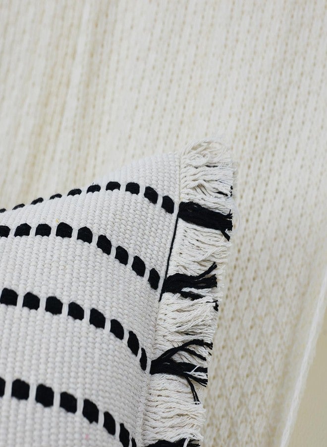 DRNOU Decorative Farmhouse Fringed Long Lumbar Throw Pillow Cover 12 x 24,Clasic Striped Textured Cotton Boho Decor Long Lumbar Pillow Cover Pillow Case for Sofa Couch Bed,Black and Off White - Image 5