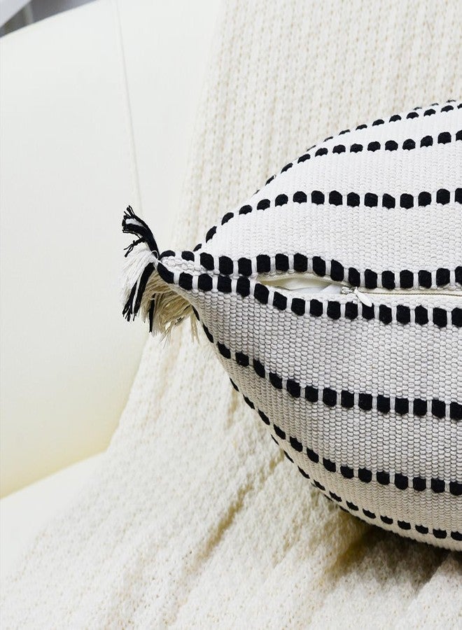 DRNOU Decorative Farmhouse Fringed Long Lumbar Throw Pillow Cover 12 x 24,Clasic Striped Textured Cotton Boho Decor Long Lumbar Pillow Cover Pillow Case for Sofa Couch Bed,Black and Off White - Image 4