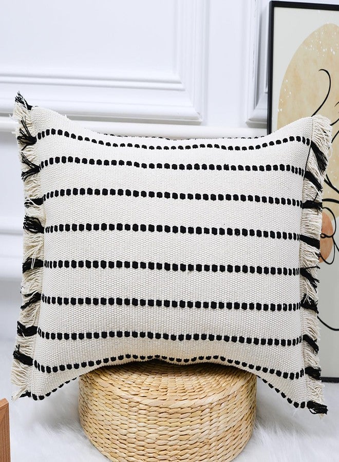 DRNOU Decorative Farmhouse Fringed Long Lumbar Throw Pillow Cover 12 x 24,Clasic Striped Textured Cotton Boho Decor Long Lumbar Pillow Cover Pillow Case for Sofa Couch Bed,Black and Off White - Image 1