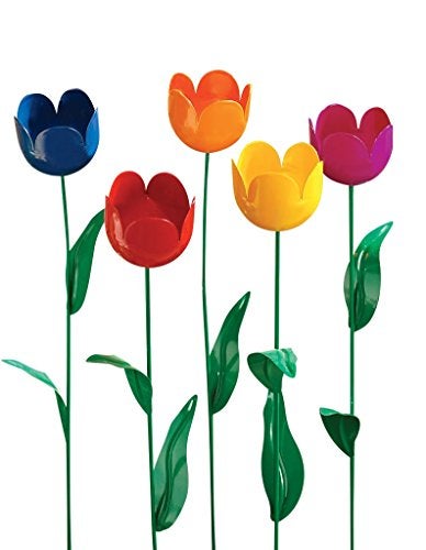 Fox Valley Traders Miles Kimball Varying Colors Set of 5 Artificial Tulips with Green Stems, 19.5” H – 2.25” Diameter Flower Head – Durable Weather Resistant Metal Construction for Year-Round Display - Image 3