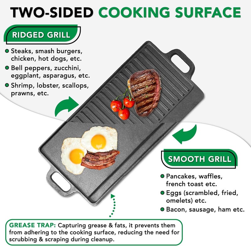 ProSource 2-in-1 Reversible 19.5” x 9” Cast Iron Griddle with Handles, Preseasoned & Non-Stick for Gas Stovetop, Oven, and Open Fire - Image 4