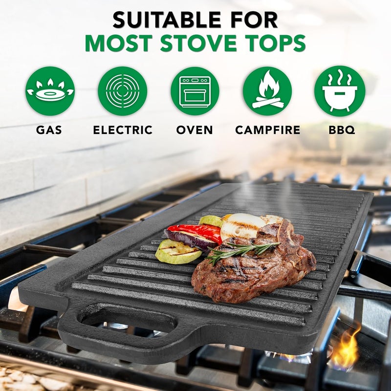 ProSource 2-in-1 Reversible 19.5” x 9” Cast Iron Griddle with Handles, Preseasoned & Non-Stick for Gas Stovetop, Oven, and Open Fire - Image 5