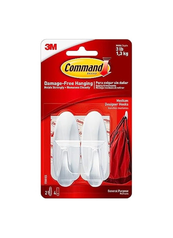 Command 17086QES Quartz Race Hook, Holds 1.3 kg, each hook, white color, 2 hooks and 4 strips/pack, Decorate Damage-Free  - Image 1