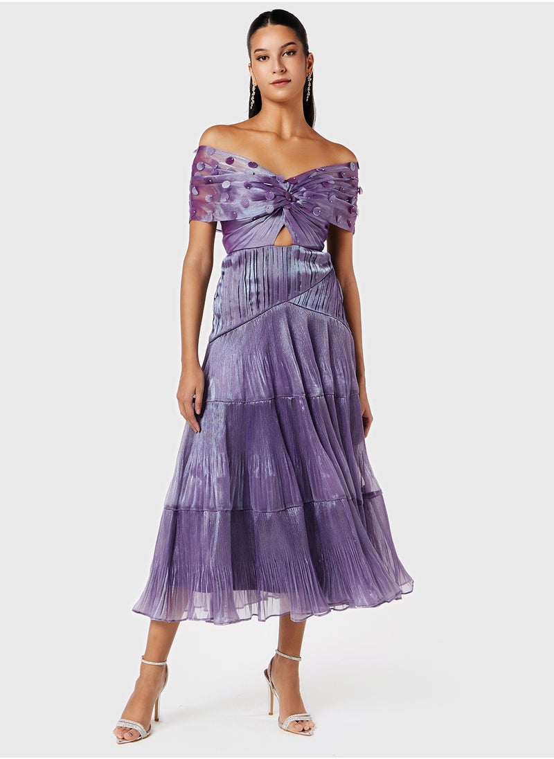 Threadz by Ajooni - Off Shoulder Tier Dress With Floral Applique - Image 1
