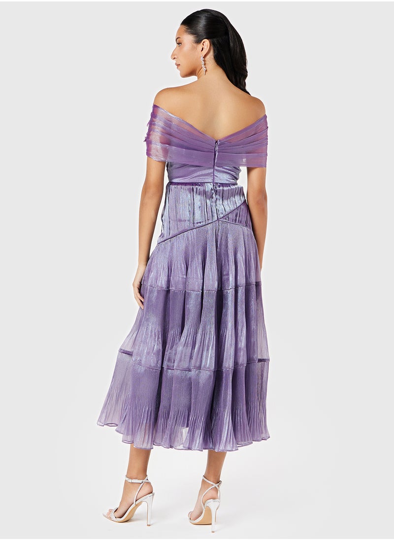 Threadz by Ajooni - Off Shoulder Tier Dress With Floral Applique - Image 1