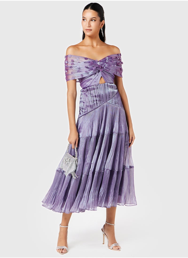 Threadz by Ajooni - Off Shoulder Tier Dress With Floral Applique - Image 1