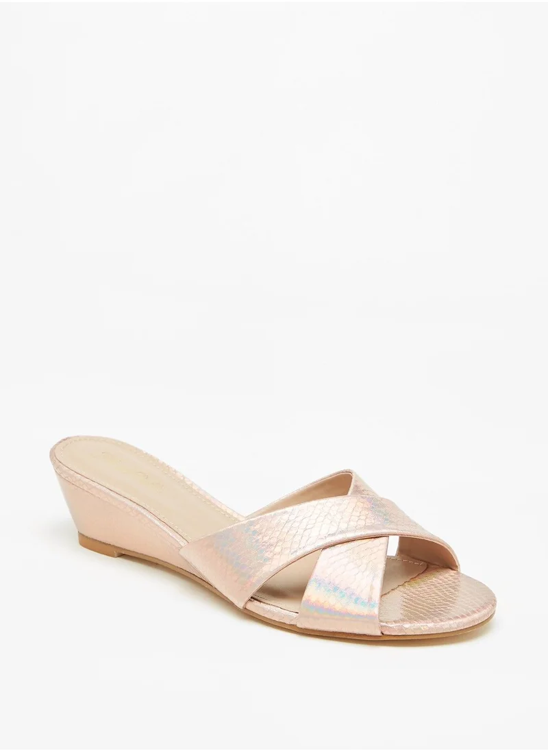 فلورا بيلا Textured Slip On Cross Strap Sandals with Wedge Heels