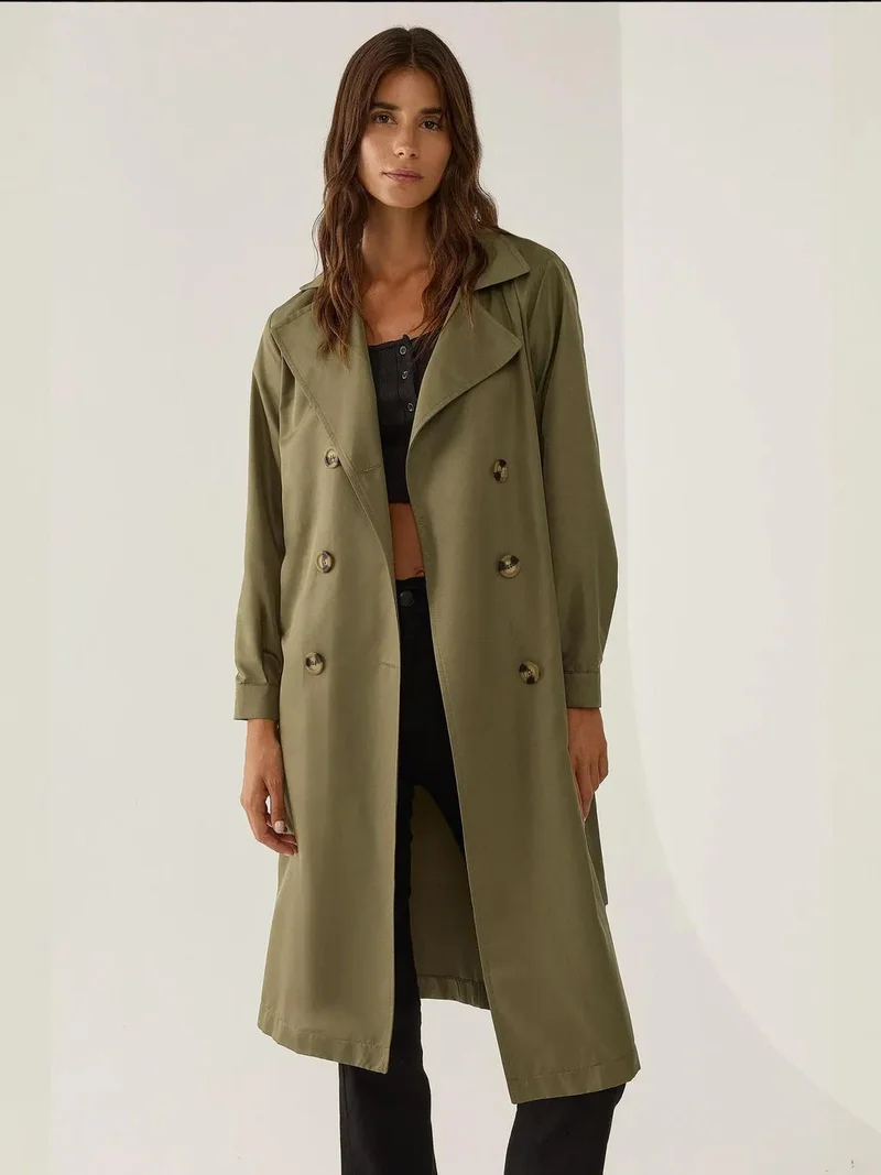 زوبعة معطف ترنش خفيف بأزرار وحزام