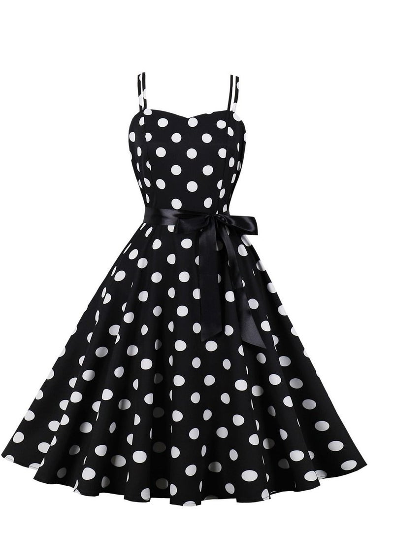Loquat Vintage Large Hem Lace Up Polka Dot Printed Strap Black  - Image 1