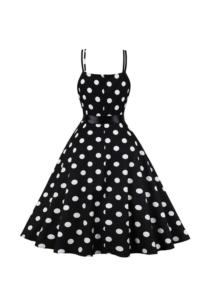 Loquat Vintage Large Hem Lace Up Polka Dot Printed Strap Black  - Image 2
