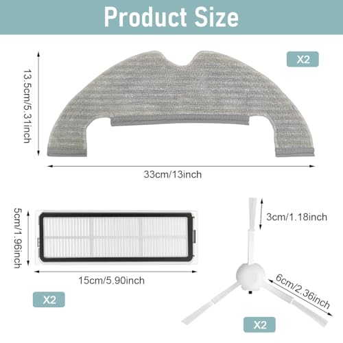 HASTHIP® Replacement Accessories for Mi Robot Vacuum X10, Includes 2Pcs Mop Pads, 2Pcs Side Brushes, 2 Filters, Ideal Essential Accessories Alternatives for Robot Vacuum X10. - Image 3