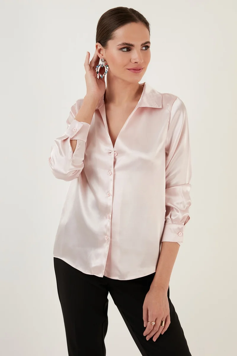 Lela Long Sleeve V-Neck Satin Shirt Women's Shirt 611GO0160