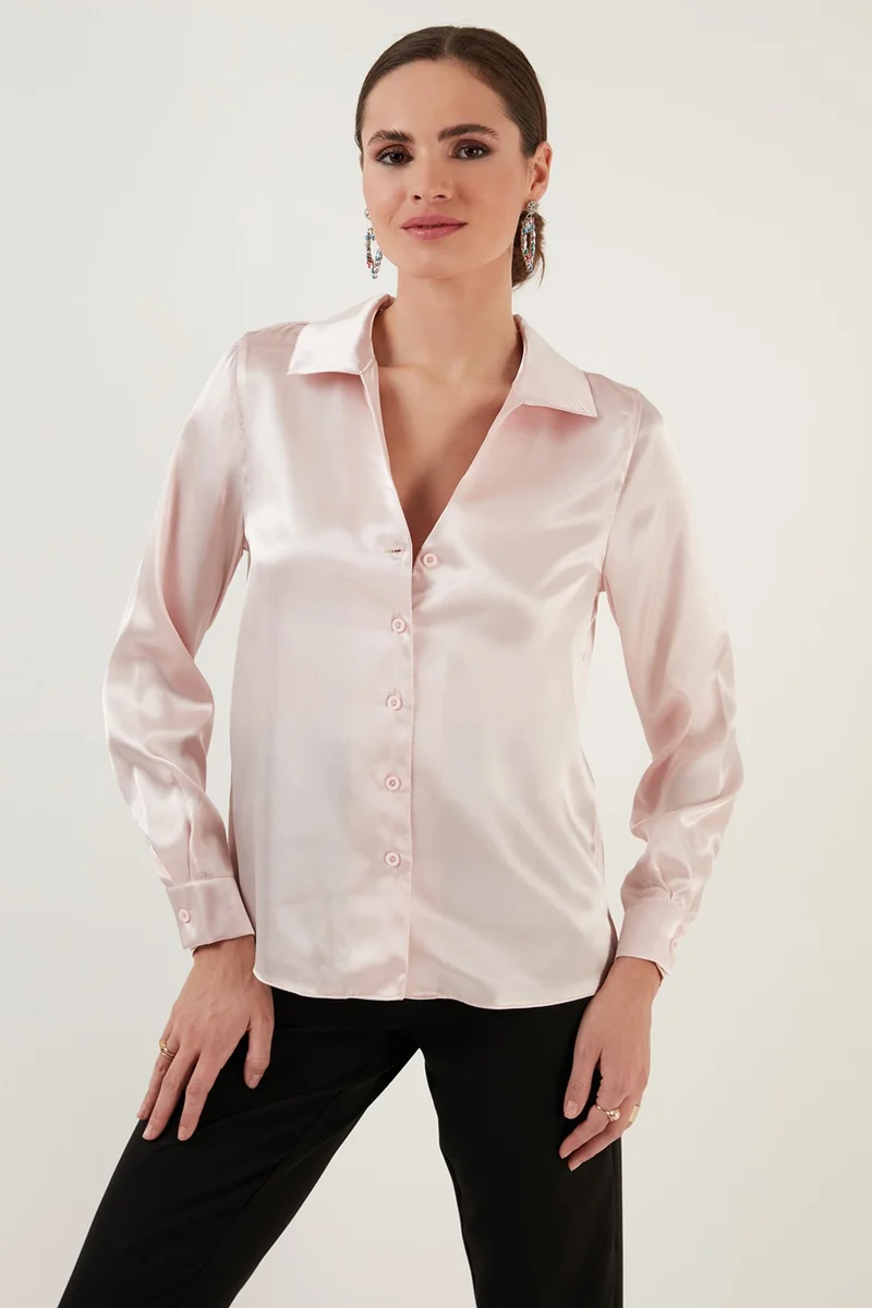 Lela Long Sleeve V-Neck Satin Shirt Women's Shirt 611GO0160