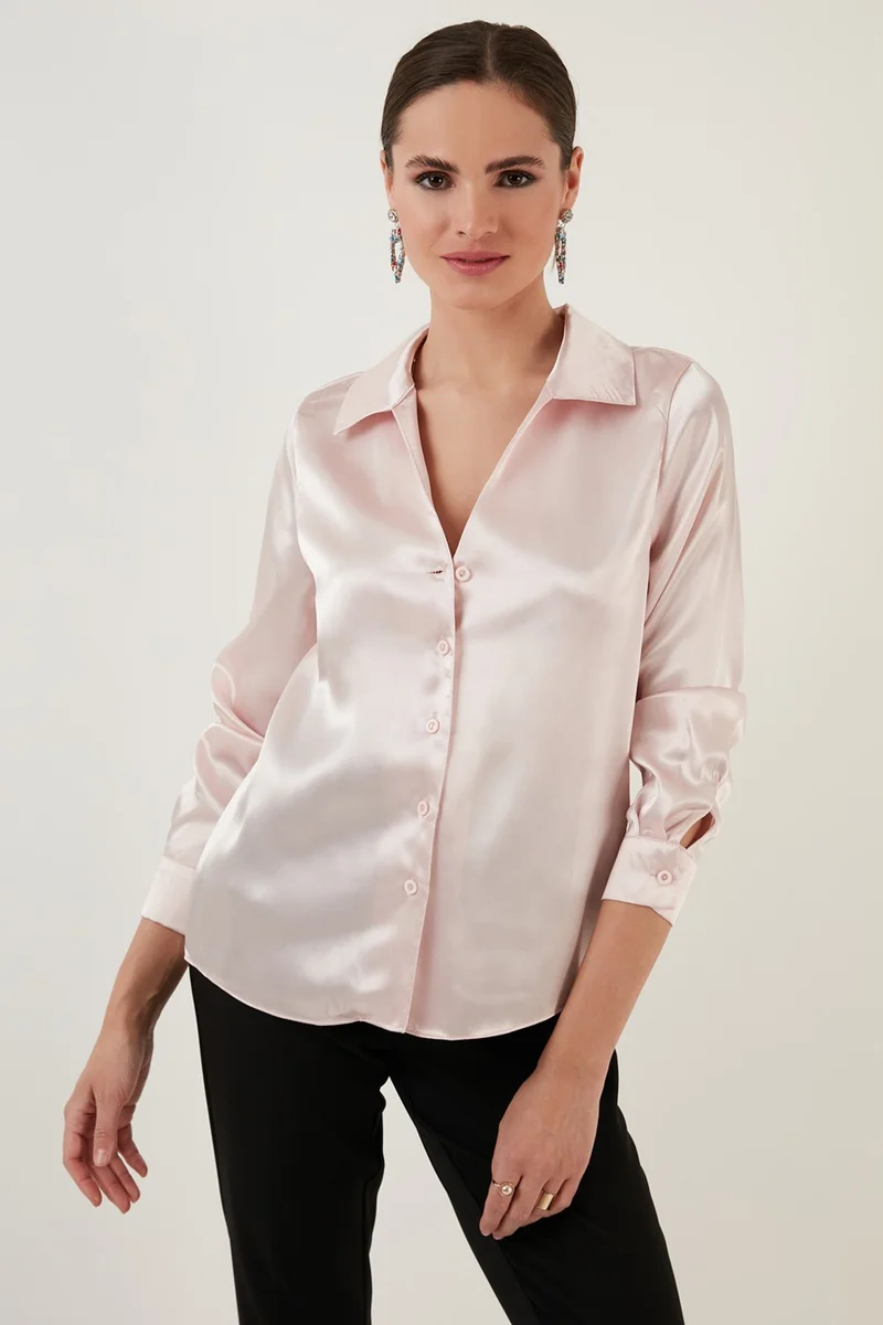 Lela Long Sleeve V-Neck Satin Shirt Women's Shirt 611GO0160