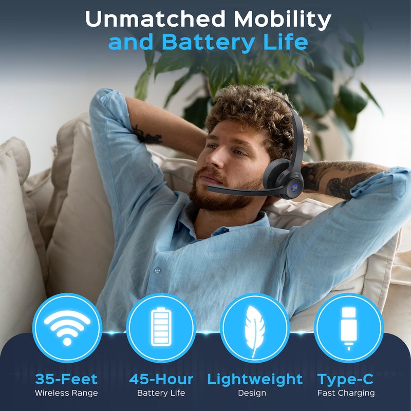 TREBLAB C7 - Single Ear Bluetooth Headset with Mic, Bluetooth 5.4, 45H Playtime, Type-C Fast Charging, IPX4 Waterproof, Wireless Headset with Mic for Trucker, Work, Calls, Home Office - Image 3