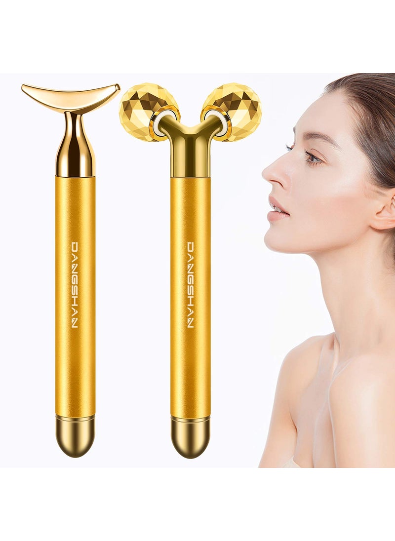 DANGSHAN 2-IN-1 Electric Face Massager Roller 24k Golden Face Roller, 3D Roller and Unique Crescent Shape Facial Roller Massager Kit Arm Eye Nose Massager Skin Care Tools 