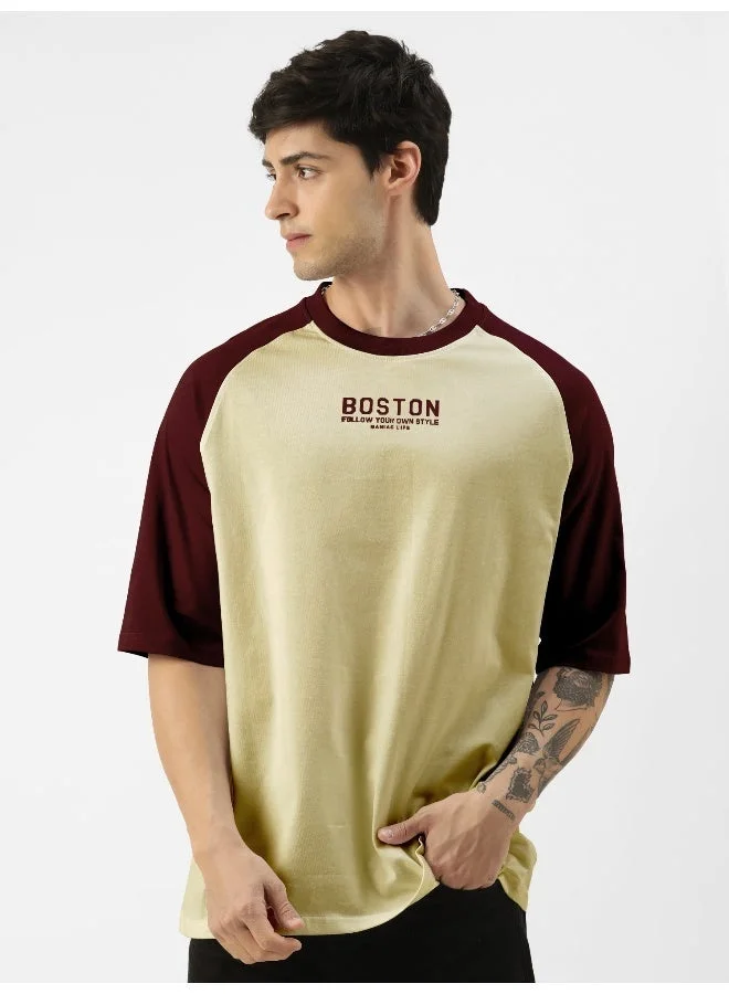 Maniac  Maniac Mens Printed Round Neck raglan Half Sleeve Butterscotch and  Burgundy Cotton Oversized Tshirt for Men | Best Price UAE