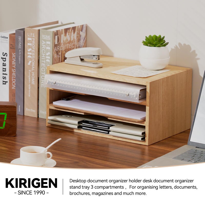KIRIGEN Wooden Desktop Organizer Paper Storage Letter Tray File Sorter - Desk Rack Magazine File Dividers Holders for Home Office Accessories Wood Desk Cabinet with 3 Layer Trays Natural(3KWJG-NA) - Image 3