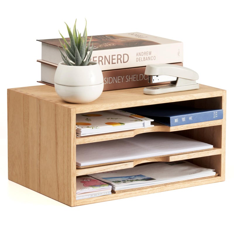 KIRIGEN Wooden Desktop Organizer Paper Storage Letter Tray File Sorter - Desk Rack Magazine File Dividers Holders for Home Office Accessories Wood Desk Cabinet with 3 Layer Trays Natural(3KWJG-NA) - Image 1