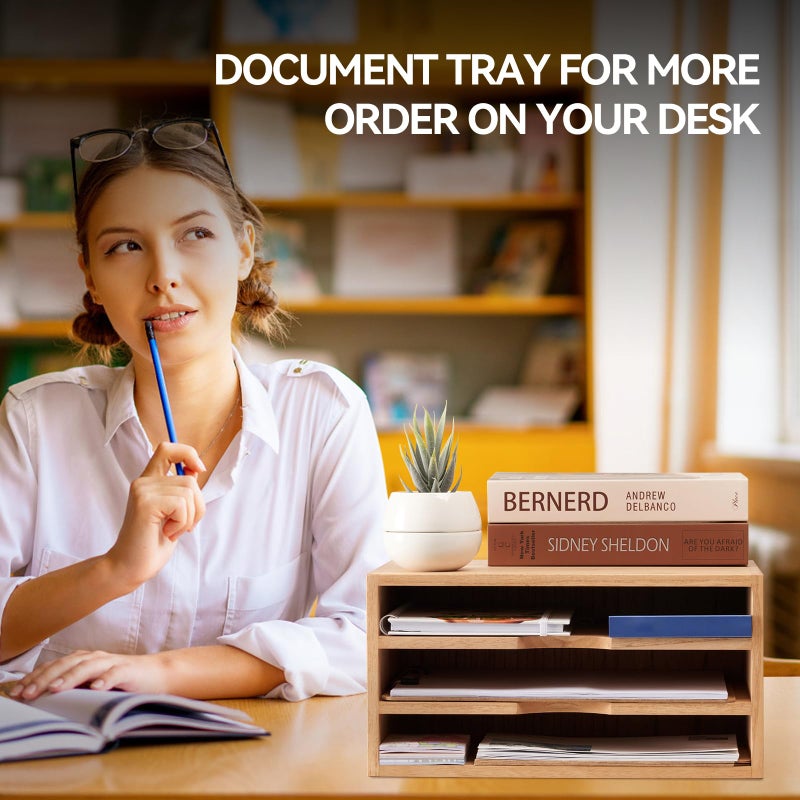 KIRIGEN Wooden Desktop Organizer Paper Storage Letter Tray File Sorter - Desk Rack Magazine File Dividers Holders for Home Office Accessories Wood Desk Cabinet with 3 Layer Trays Natural(3KWJG-NA) - Image 5