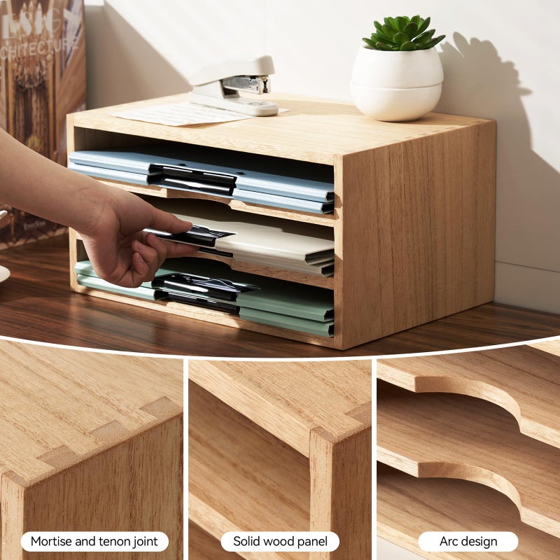 KIRIGEN Wooden Desktop Organizer Paper Storage Letter Tray File Sorter - Desk Rack Magazine File Dividers Holders for Home Office Accessories Wood Desk Cabinet with 3 Layer Trays Natural(3KWJG-NA) - Image 4