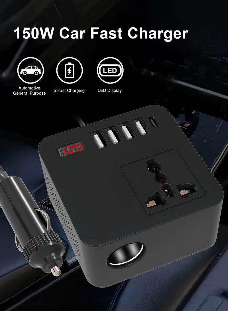 شاحن سيارة سريع بقوة 150 وات، متوافق مع المركبات التي تعمل بجهد 12 فولت و24 فولت، و4 منافذ USB وواجهة PD Type-c واحدة، ومقبس عالمي 220 فولت - Image 2