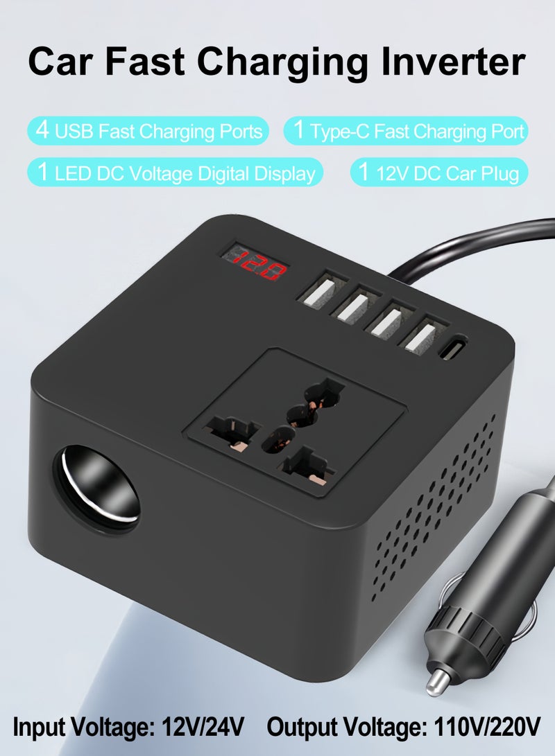 شاحن سيارة سريع بقوة 150 وات، متوافق مع المركبات التي تعمل بجهد 12 فولت و24 فولت، و4 منافذ USB وواجهة PD Type-c واحدة، ومقبس عالمي 220 فولت - Image 3