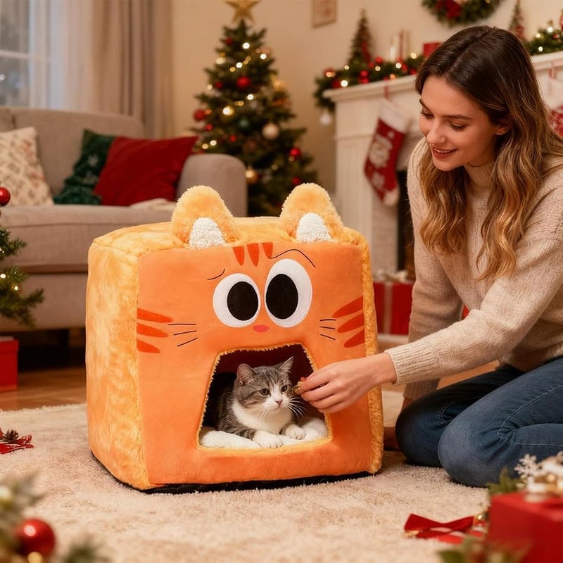 Orange Cat Plush Pet Sleeping Tent Soft Warm Bed Indoor Cat Nest 38x38x38cm - Image 4