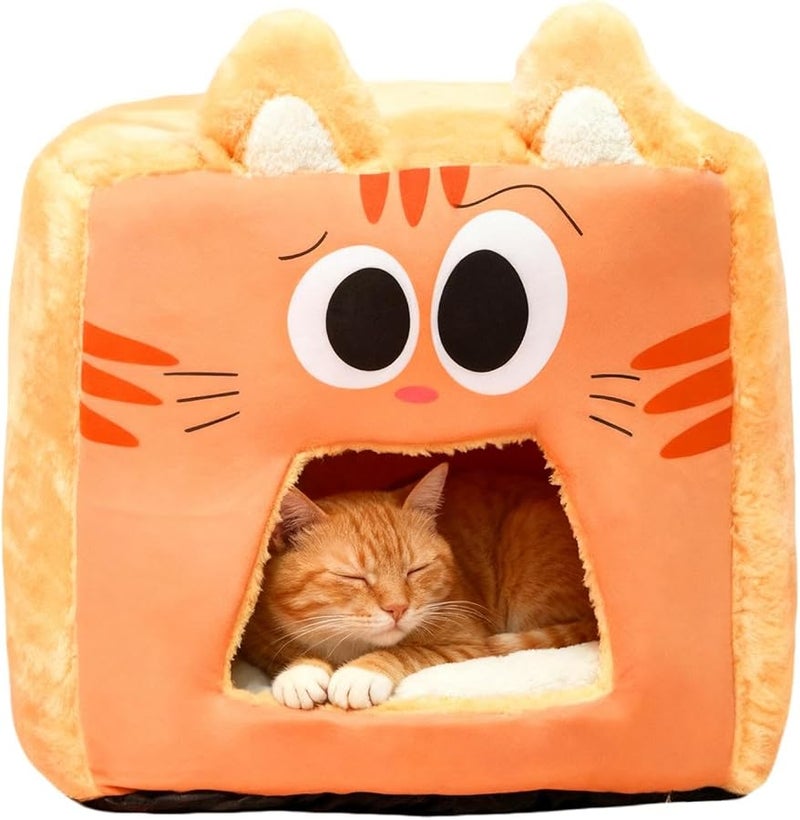 Orange Cat Plush Pet Sleeping Tent Soft Warm Bed Indoor Cat Nest 38x38x38cm - Image 2