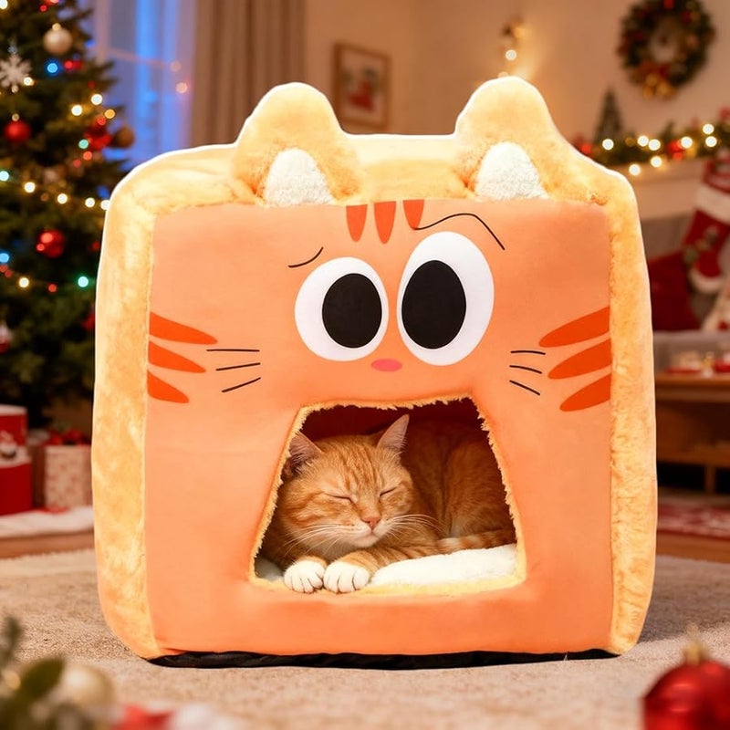 Orange Cat Plush Pet Sleeping Tent Soft Warm Bed Indoor Cat Nest 38x38x38cm - Image 5