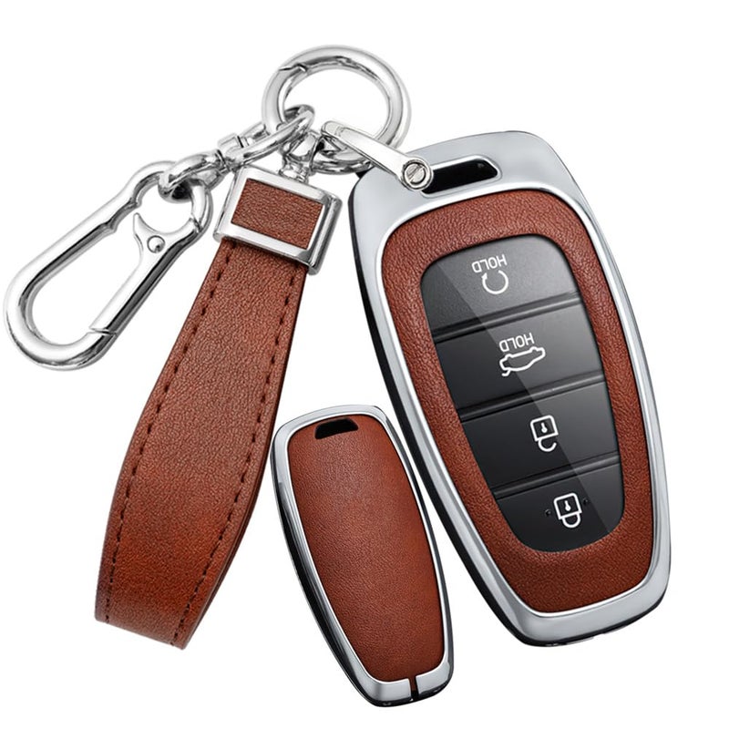 SANRILY PU Leather 4578 Button Key Fob Cover Fit for Hyundai Tucson 2024 Palisade Sonata 2023 2022 Santa fe Keyless with Leather Keychain SilverBrown