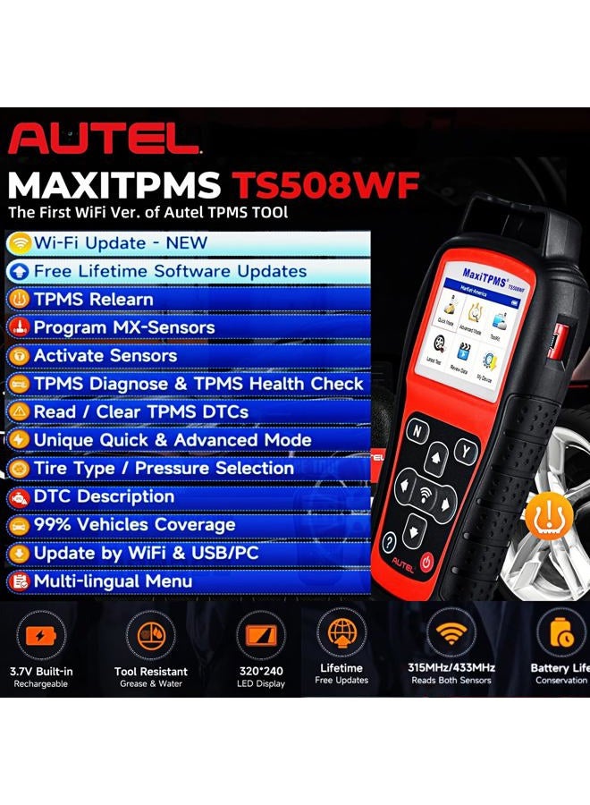 Autel MaxiTPMS TS508WF TPMS Relearn Tool, Upgrade of TS508 / TS408 TPMS Tool, Activate/Relearn All Sensors, Program Autel Sensors, TPMS Reset/Diagnosis, Read/Clear TPMS Code, Free Lifetime Update - Image 2