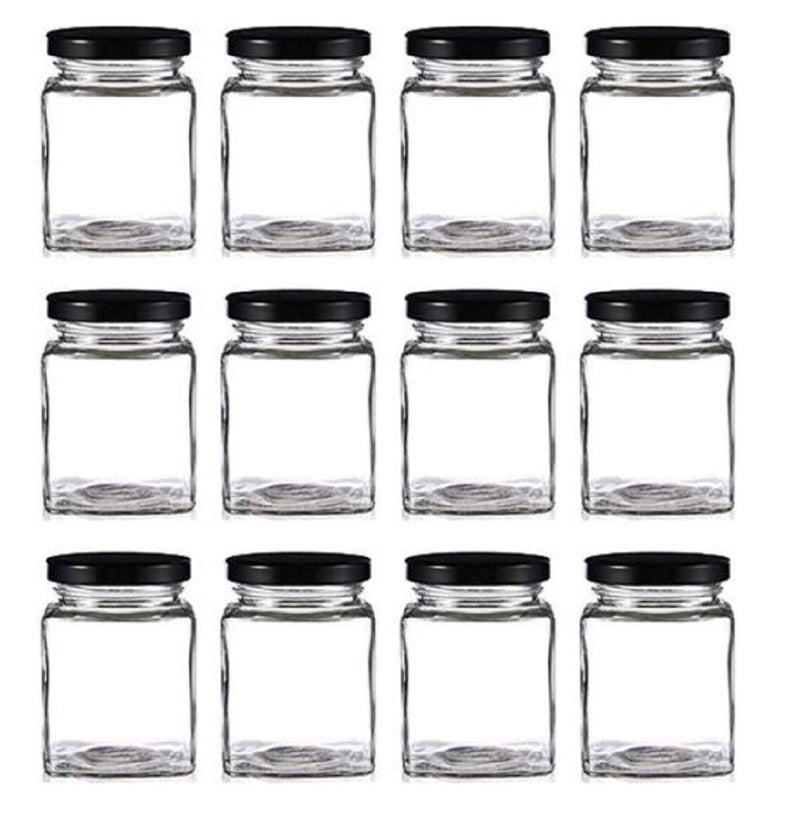 Mkd2 Rise Mkd2 Rise Square Glass Jar 250ml With Airtight Black Cap For Kitchen Storage Set of 12 - Image 1