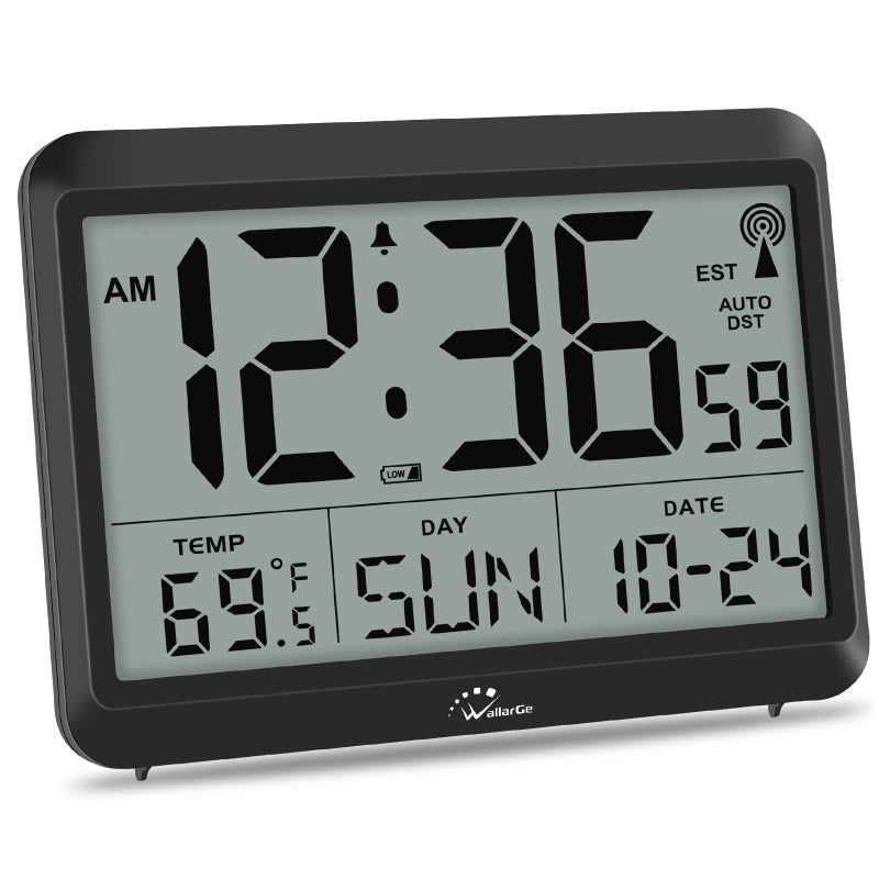 WallarGe Atomic Digital Wall Clock Battery Operated SelfSetting Large Display with Temperature Date Day of The Week Silent Wall Mount Digital Clock 4 Time Zones DST